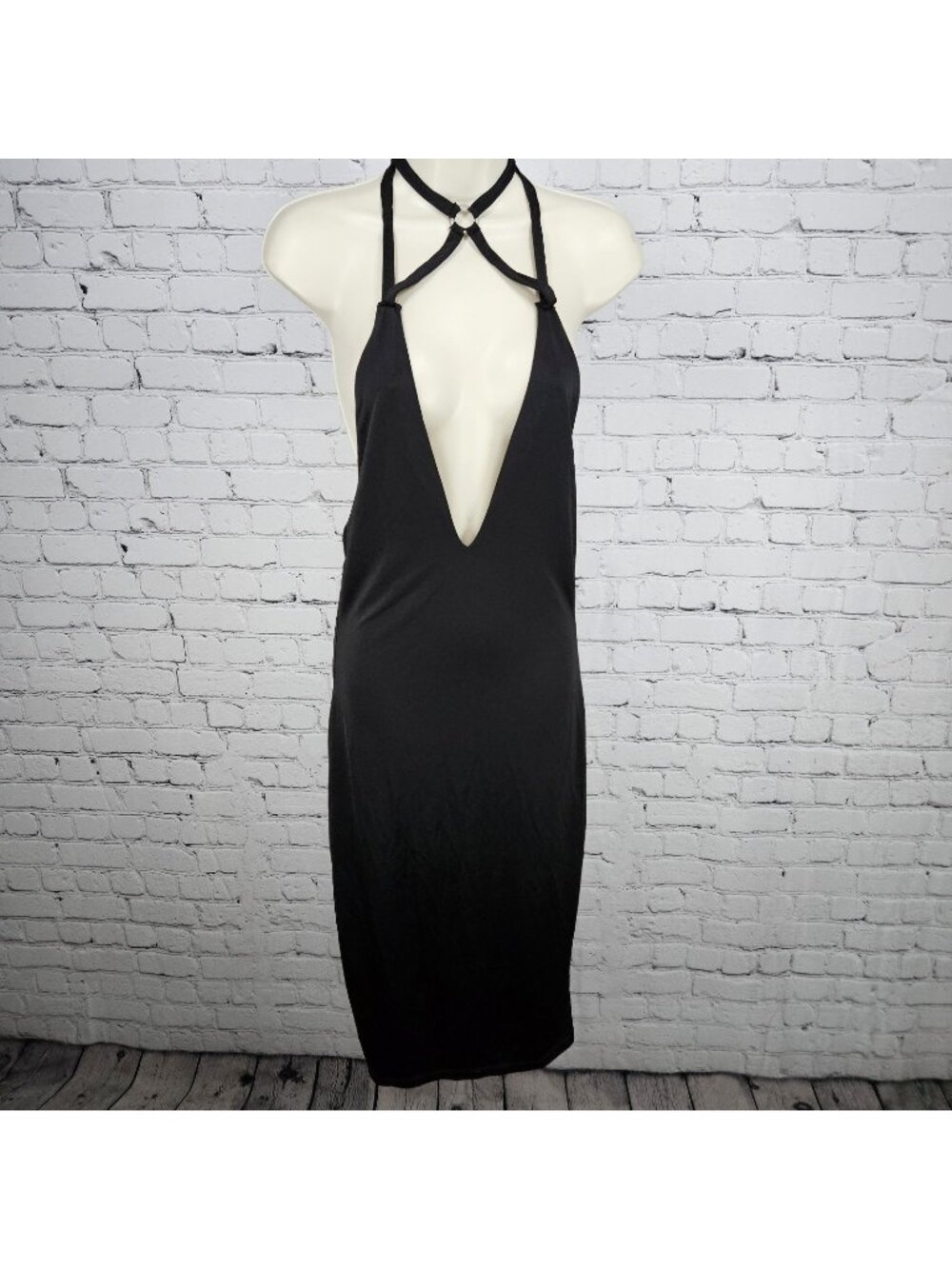 Forplay Black Strappy Tie Back Halter Backless Bodycon Stretch Midi Dress Large